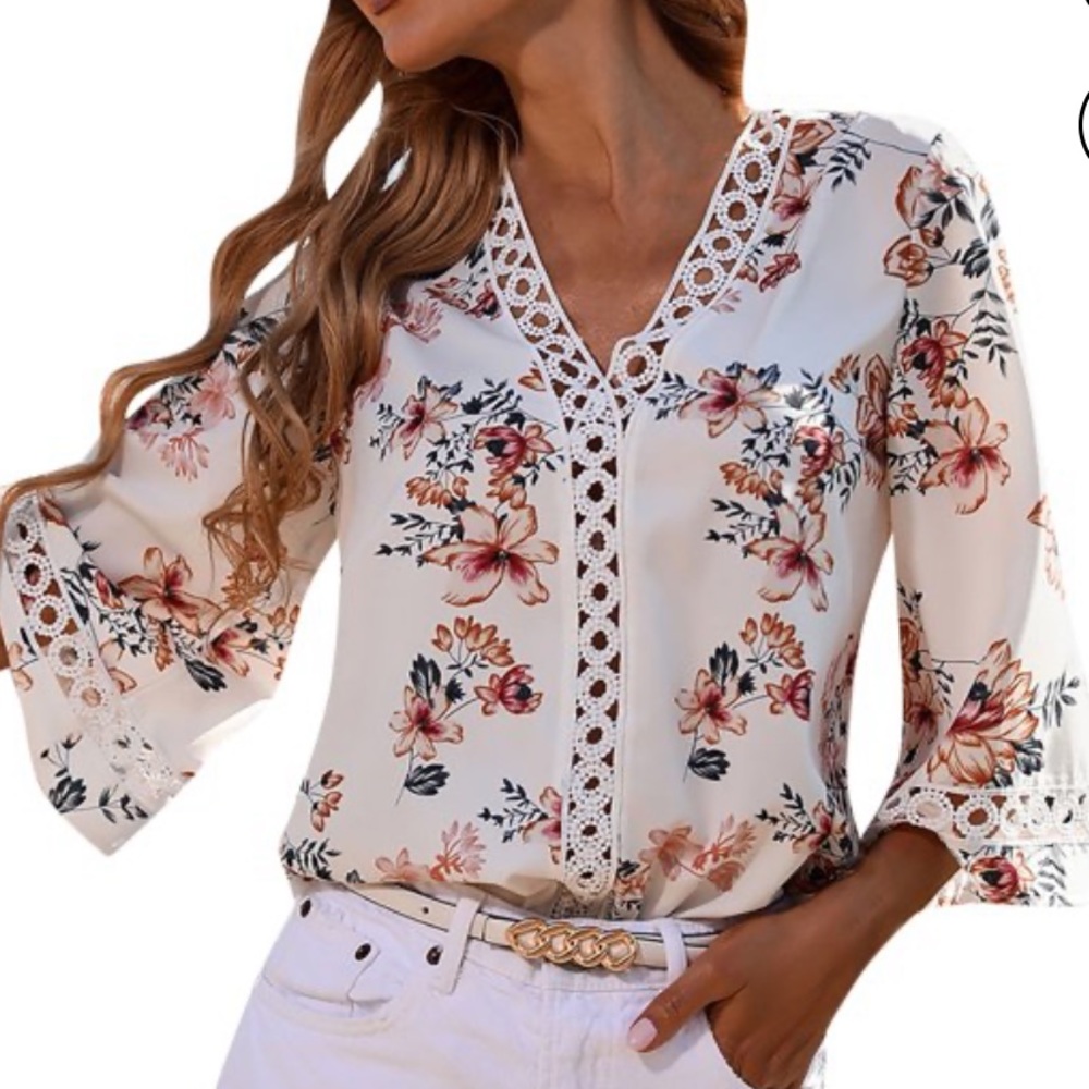 Floral White 3/4 Bell Sleeve Blouse with crochet detail